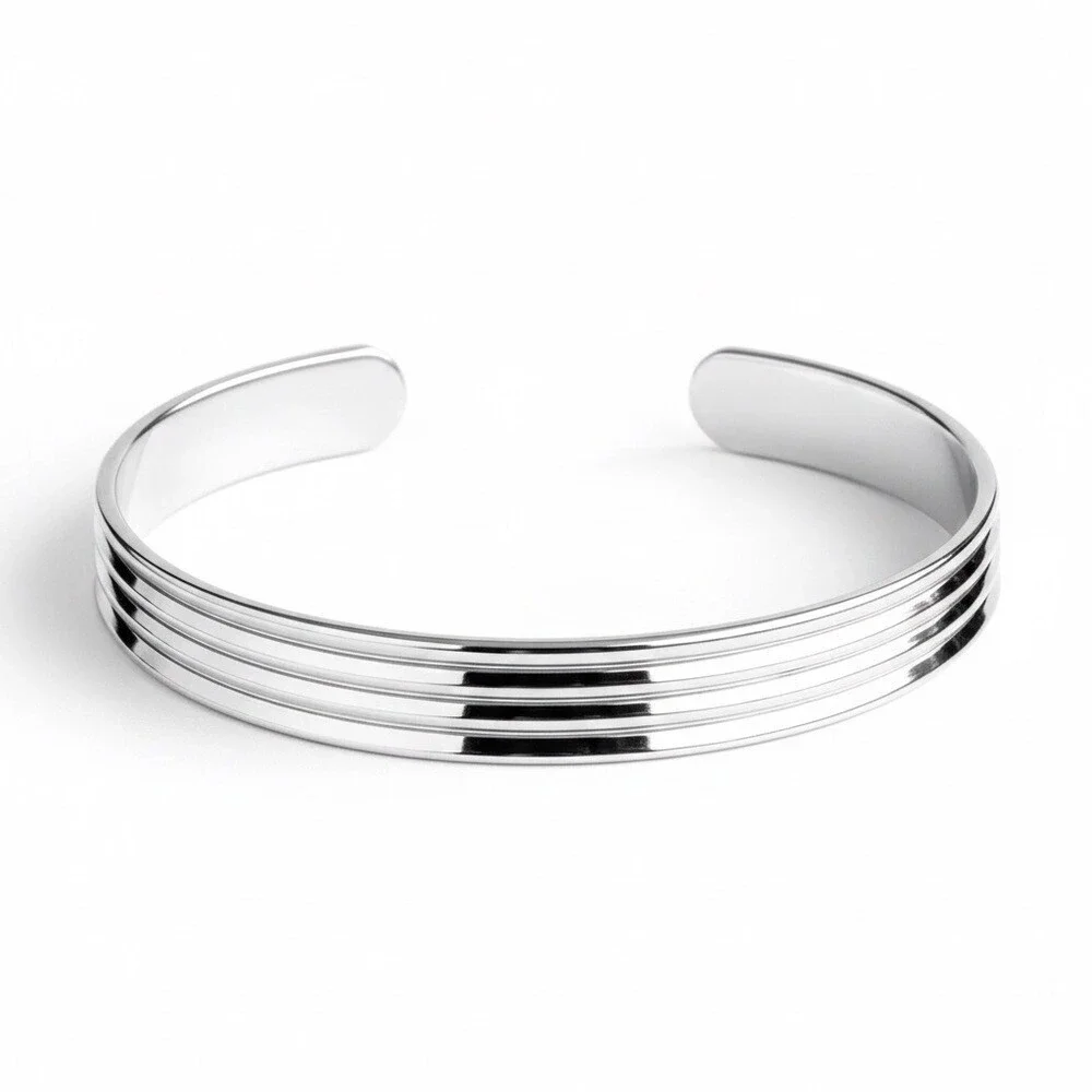 Shiny Sterling Silver Pinstripe Open Cuff Bangle Handmade 10x2mm Wide